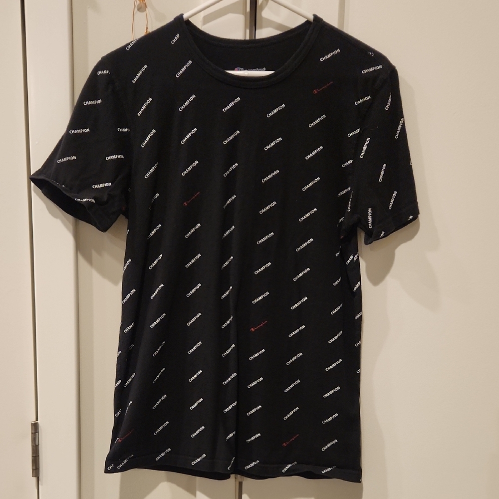 Champion Black Tee with Repeated Logo Pattern